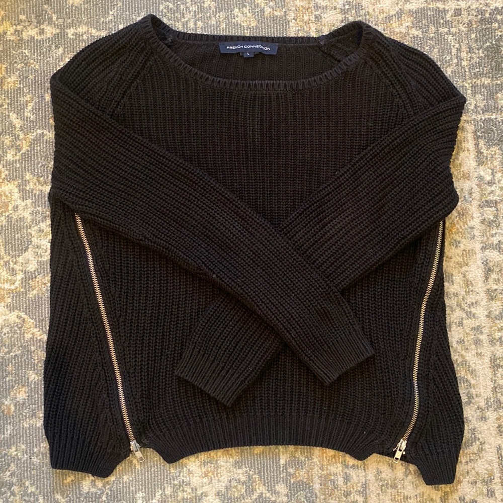 French connection black knit sweater with zips